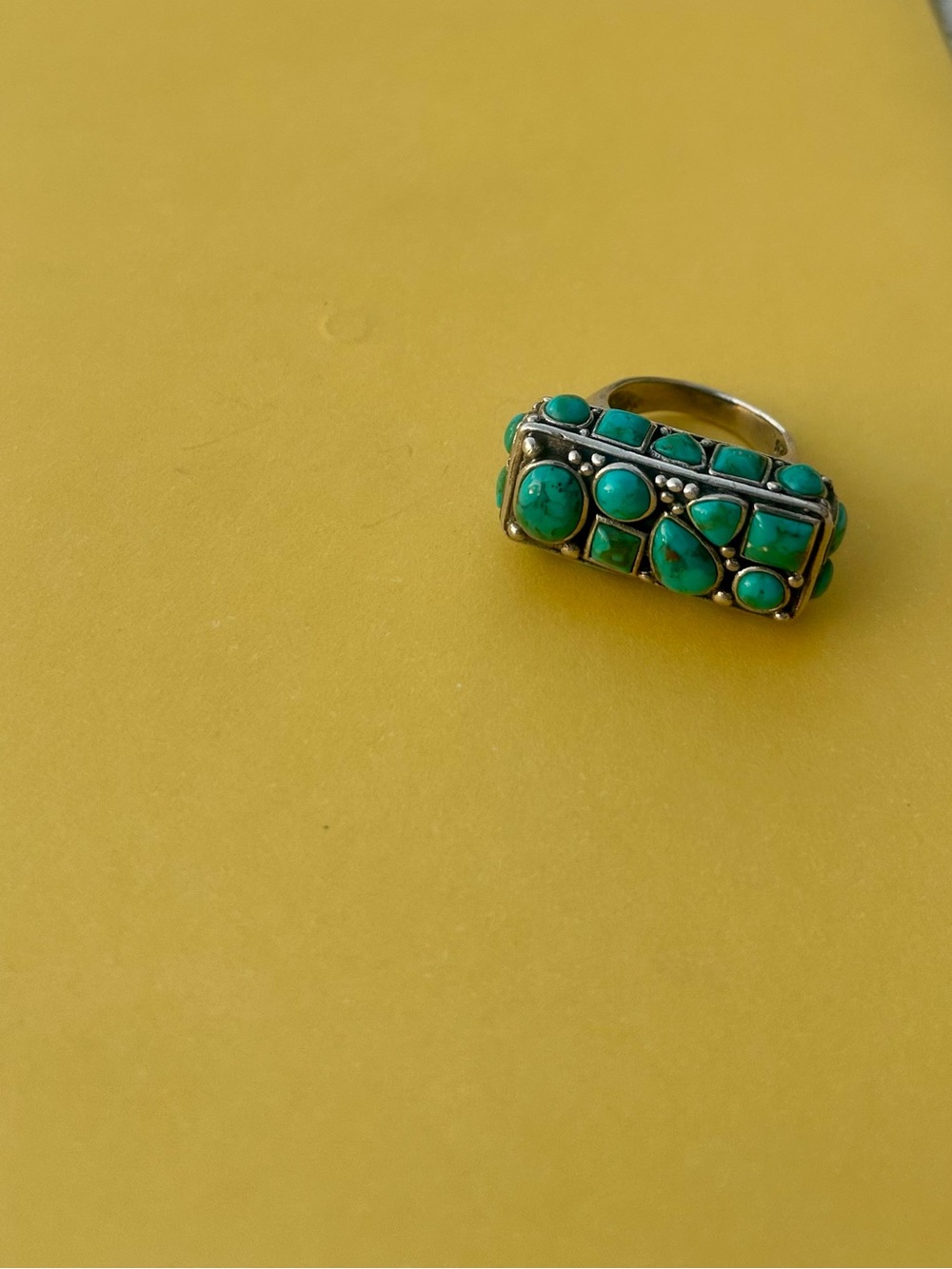 WOW! Wide Rectangle Sterling Silver Turquoise Cluster Bar Ring Size 7.5 Vintage - Picture 6 of 10